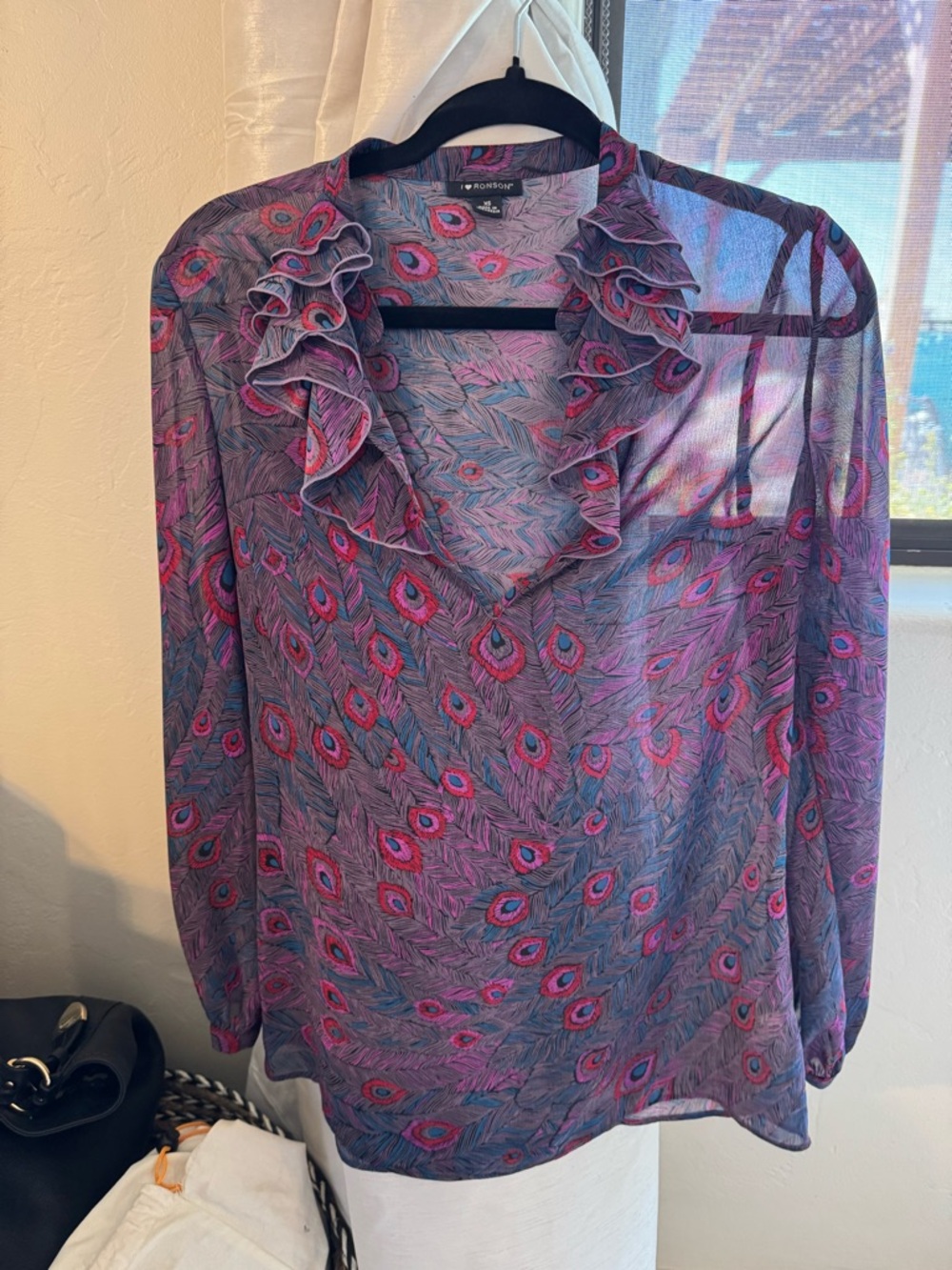 Sheer Ruffle V-Neck Blouse in Purple and Pink by I ❤️ Ronson